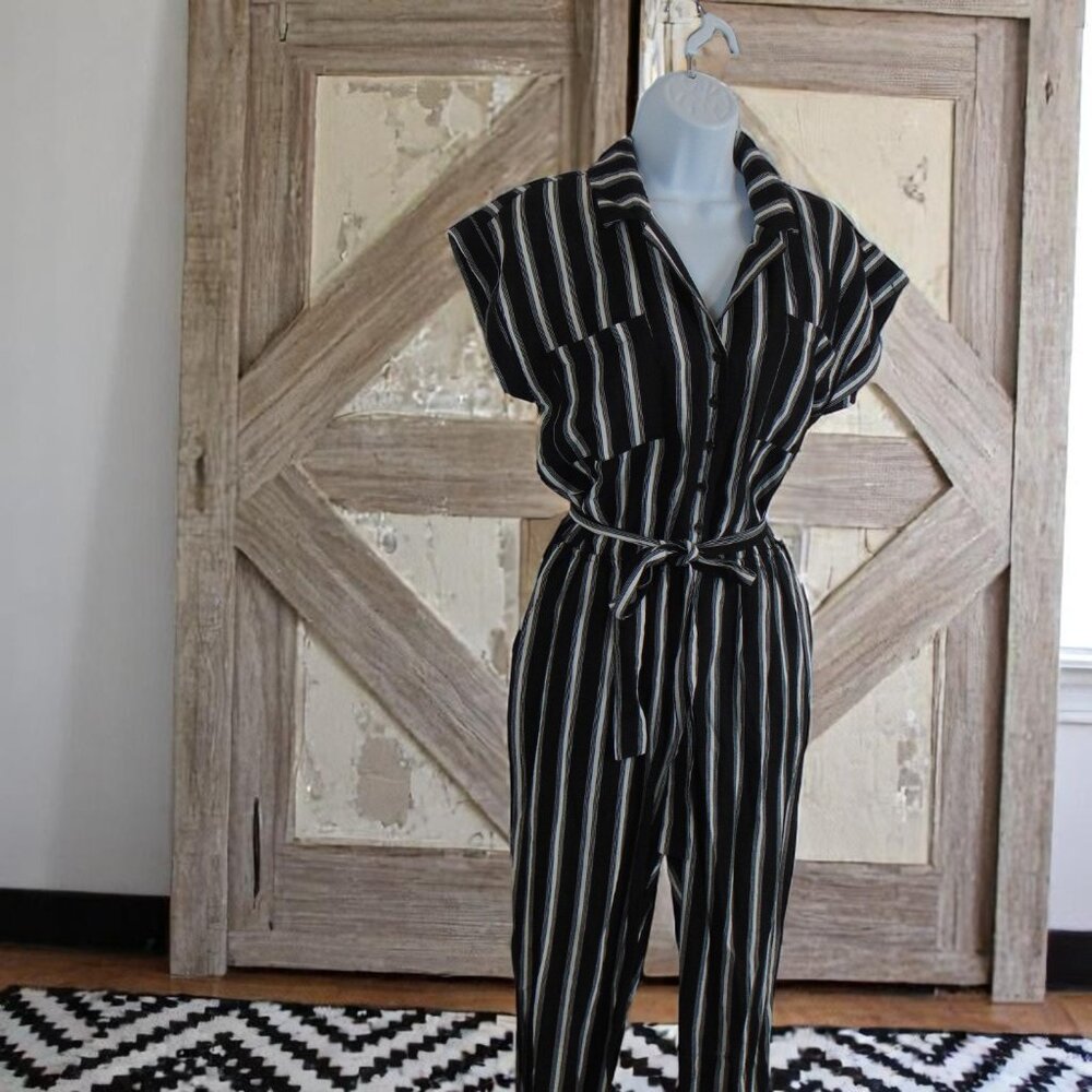 1.STATE Striped Button-Front Jumpsuit – Size XS, Belted & Lightweight